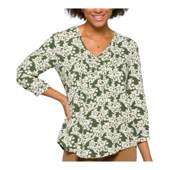 Fun2Fun Pleated Detail Blouse~Size X-Small~Green White Floral Top ~ L13 14 - Picture 2 of 10